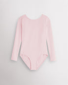 Ballet Pink girls long sleeve ballet leotard laid flat with round neckline, fitted silhouette, and front lining.