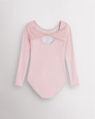 Back view of Ballet Pink dance leotard for girls laid flat with twisted mesh detail and scoop-back opening.