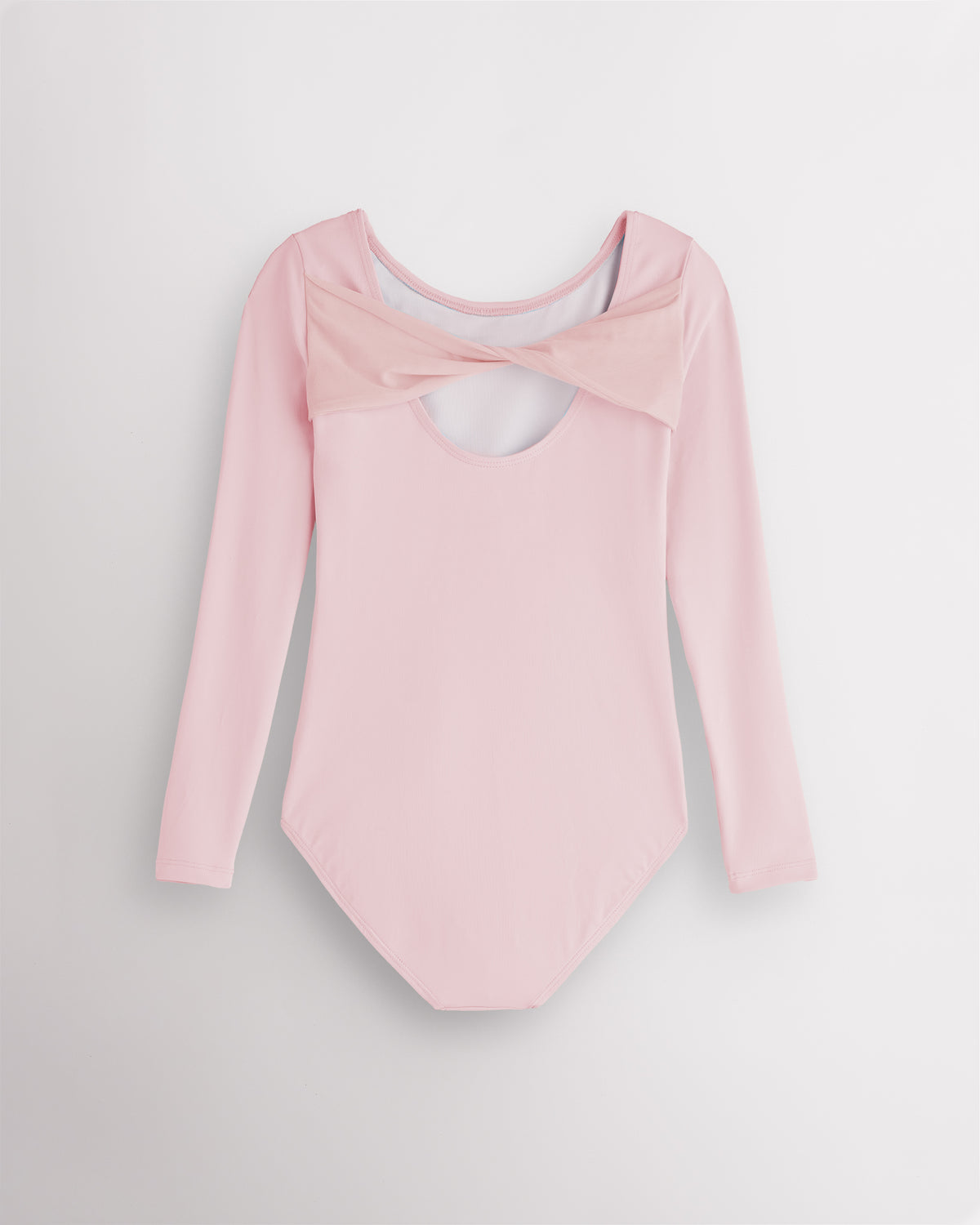 Back view of Ballet Pink dance leotard for girls laid flat with twisted mesh detail and scoop-back opening.