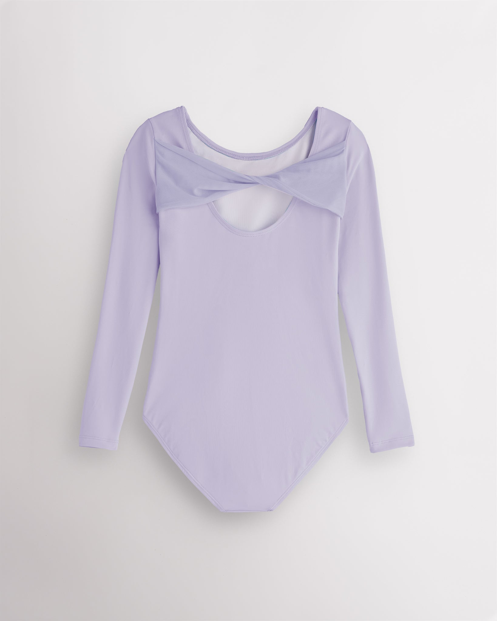 Back view of Lavender dance leotard for girls laid flat with twisted mesh detail and scoop-back opening.