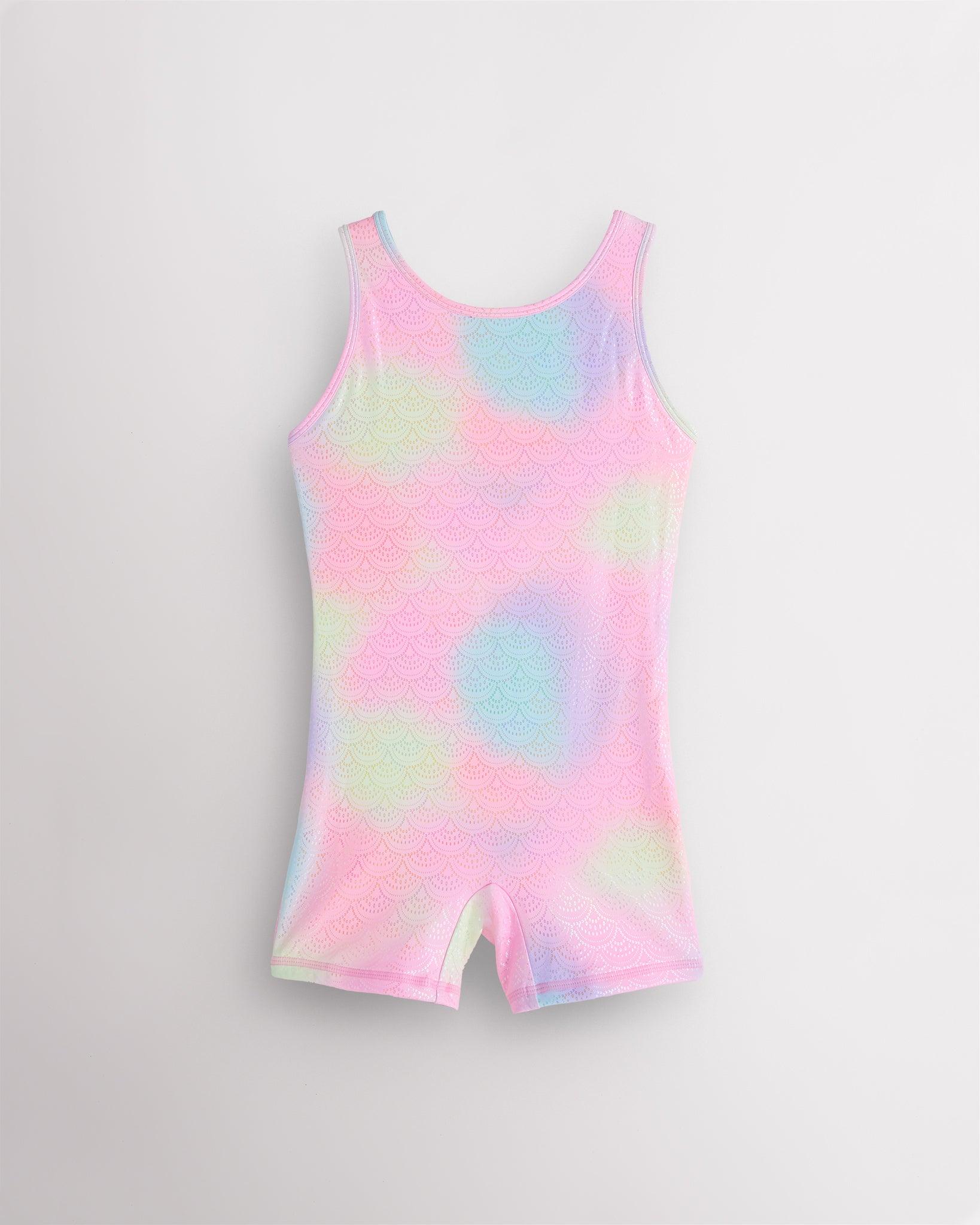 Rainbow Mist girls gymnastics unitard with built-in shorts, sleeveless tank design, round neckline, and playful in-house print.