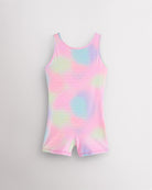 Rainbow Mist girls gymnastics unitard with built-in shorts, sleeveless tank design, round neckline, and playful in-house print.
