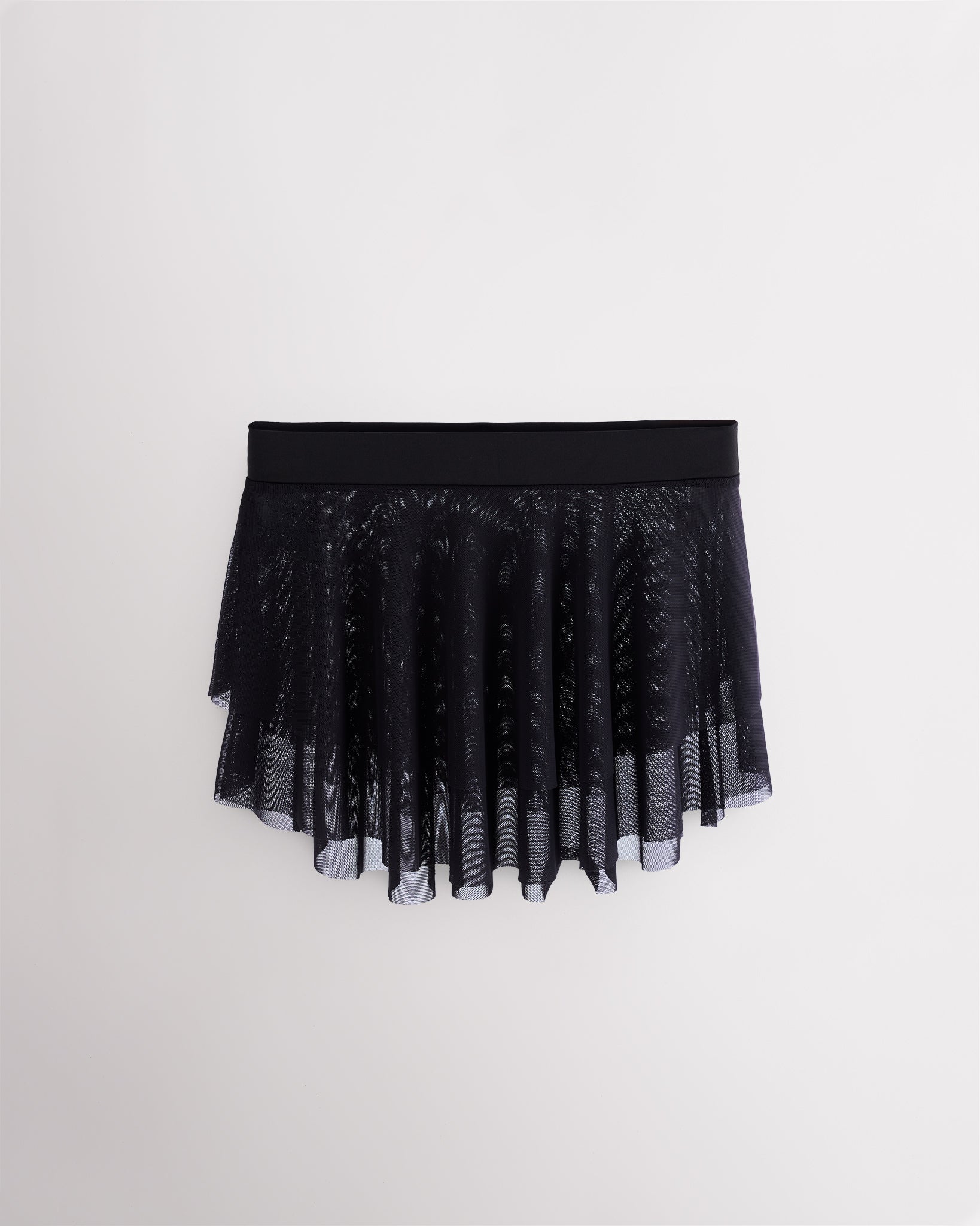 Black girls ballet mesh tiered skirt with double-layer mesh, elastic waistband, and curved hem for a flowy silhouette.
