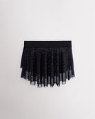 Black girls ballet mesh tiered skirt with double-layer mesh, elastic waistband, and curved hem for a flowy silhouette.