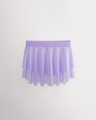Lavender girls ballet mesh tiered skirt with double-layer mesh, elastic waistband, and curved hem for a flowy silhouette.
