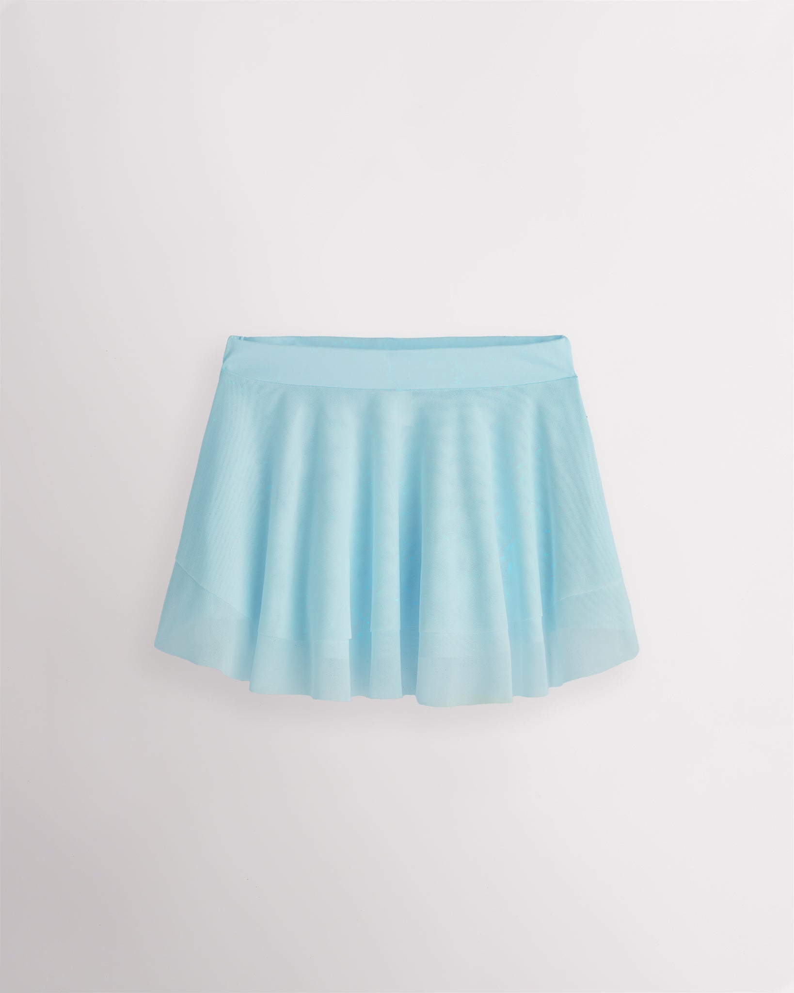 Light Blue Stelle girls ballet skirt with double-layer mesh, elastic waistband, and a softly curved flared hem.