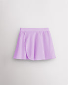 Lavender girls pull-on chiffon skirt laid flat with faux-wrap silhouette and elastic waistband.