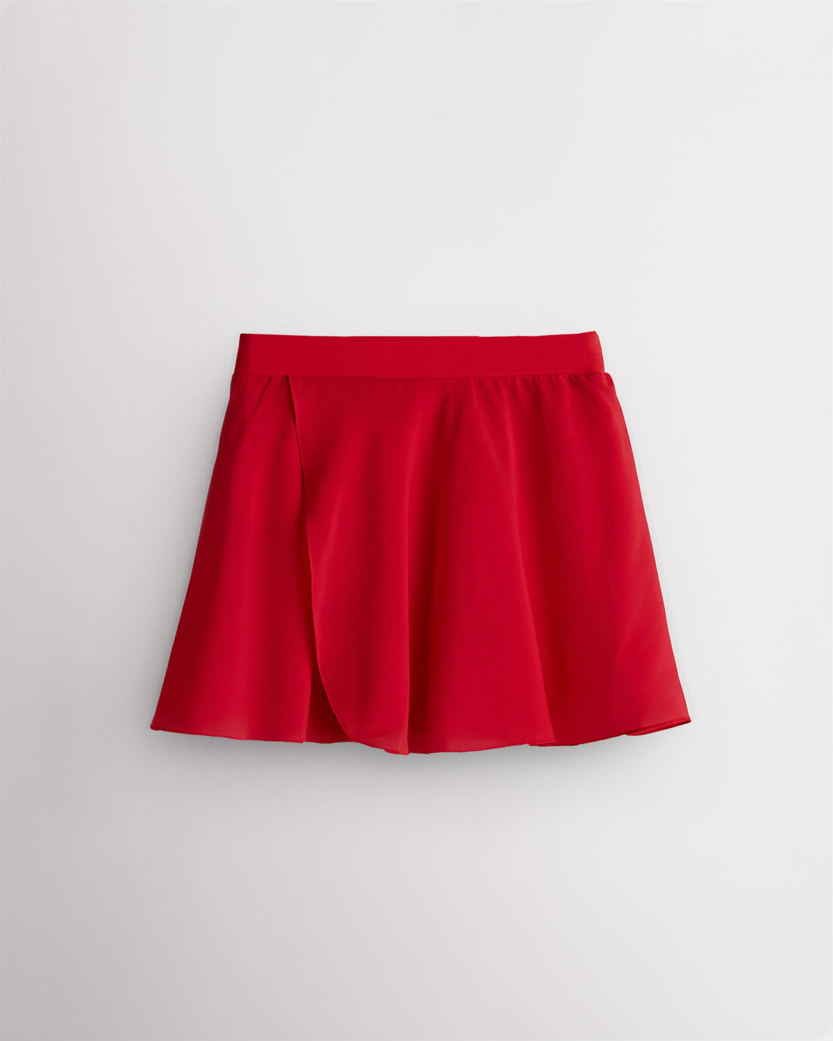 Red girls pull-on chiffon skirt laid flat with faux-wrap silhouette and elastic waistband.