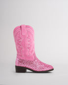 Girls pink glitter cowboy boot with embroidered western shaft and low block heel, side view