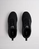 Top view of black lace-up cheer shoes with cushioned interior and Stelle logo