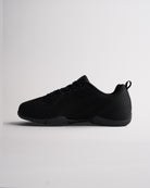 Angled view of black cheer shoes for girls showing flexible sole and textured knit