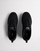 Top view of black lace-up cheer shoes with cushioned interior and Stelle branding