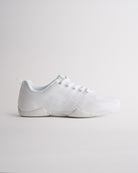 White kids cheer shoes with breathable knit upper and lace-up design, side view
