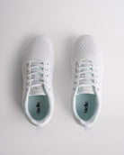 Top view of white lace-up cheer shoes with cushioned interior and Stelle branding