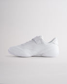 Kids white cheer shoes with Velcro closure and flexible sole for cheerleading and casual wear.