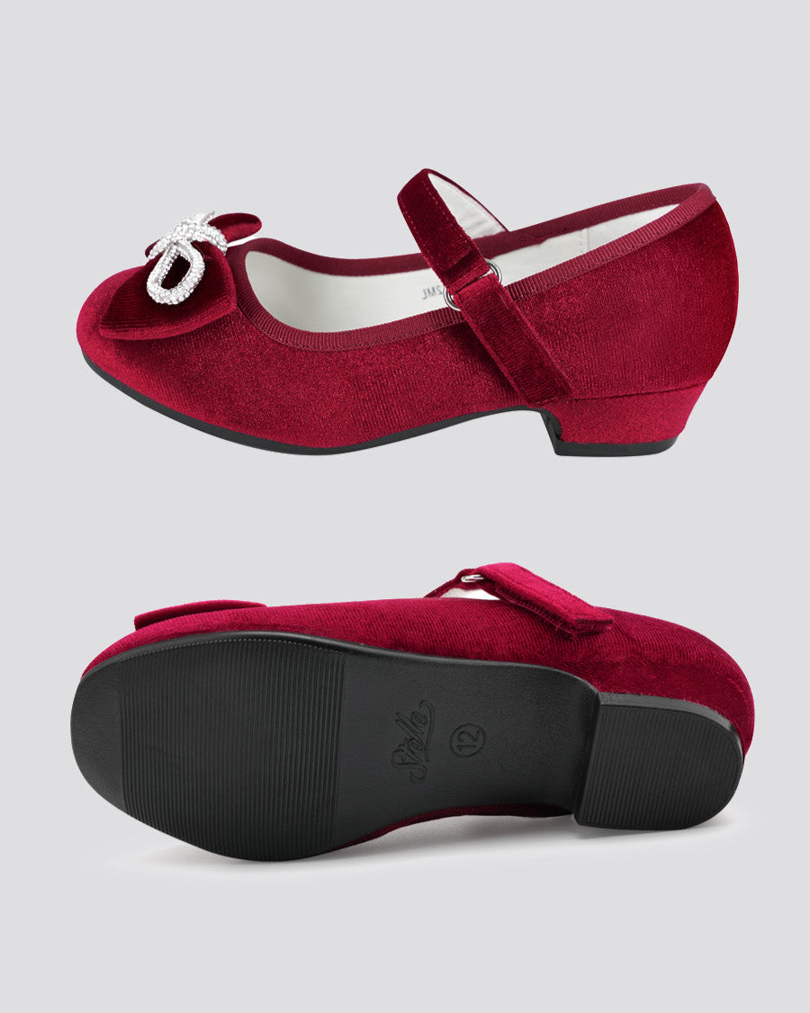 Burgundy Girls Classic Mary Jane Shoes | Velvet Heels with Crystal Bows