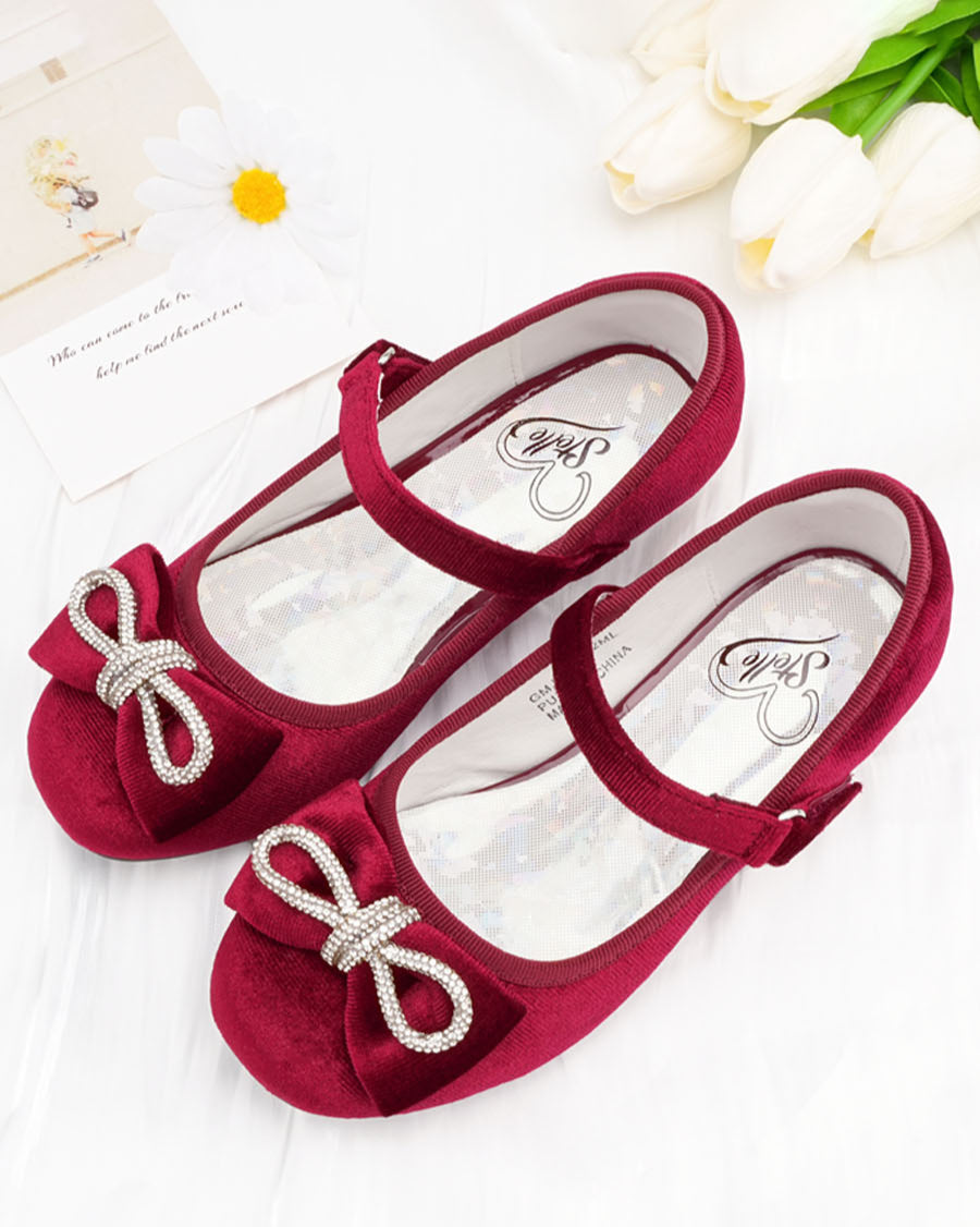 Burgundy Girls Classic Mary Jane Shoes | Velvet Heels with Crystal Bows