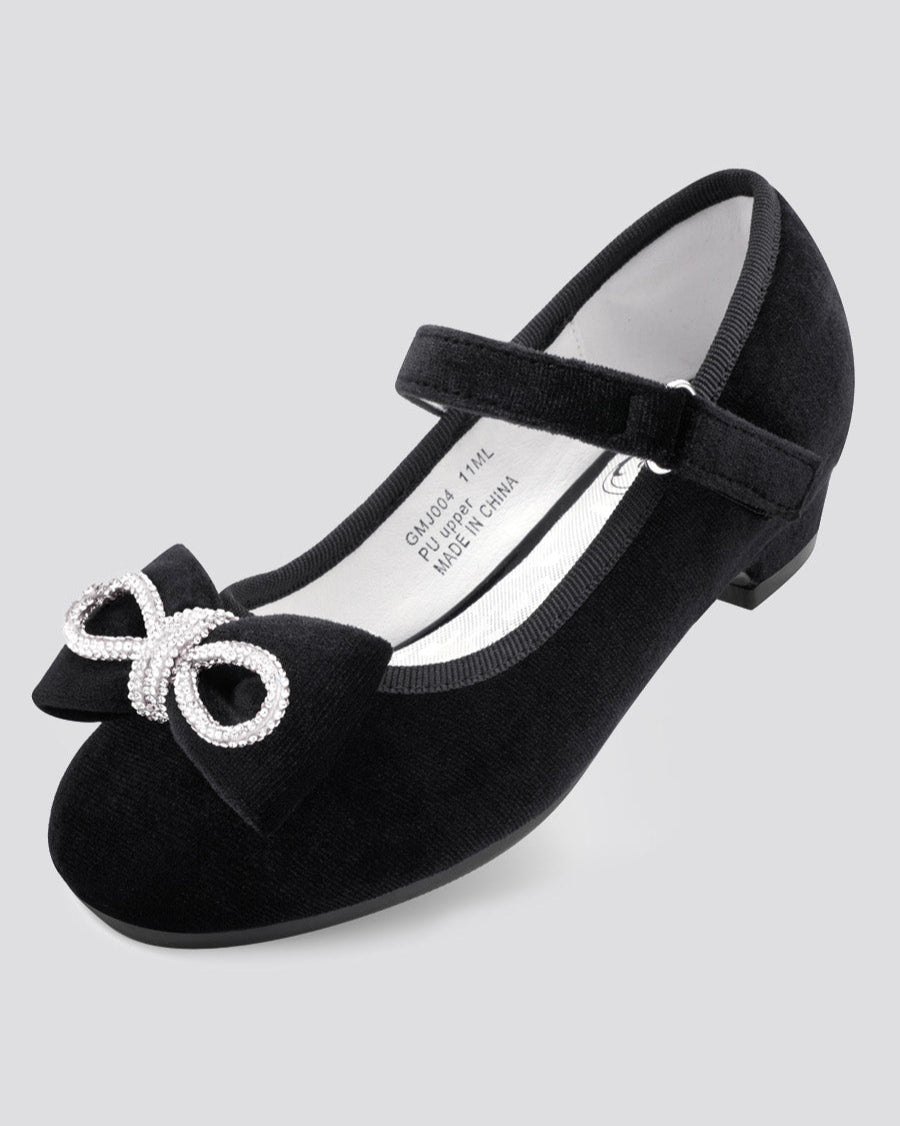 Black Girls Classic Mary Jane Shoes | Velvet Heels with Crystal Bows
