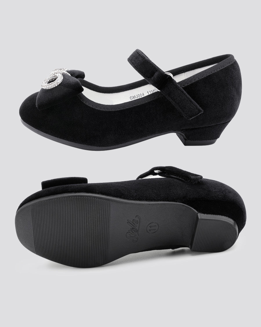 Black Girls Classic Mary Jane Shoes | Velvet Heels with Crystal Bows