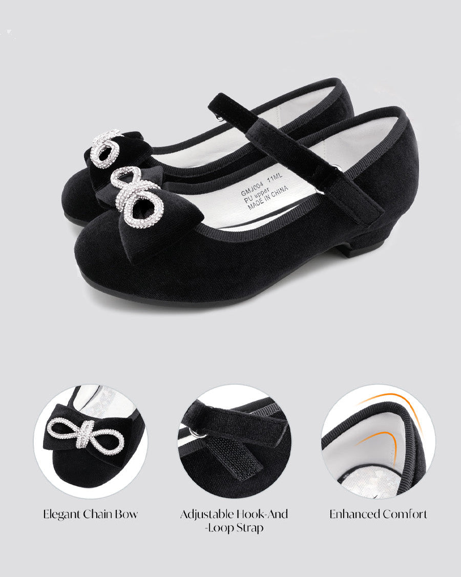 Black Girls Classic Mary Jane Shoes | Velvet Heels with Crystal Bows