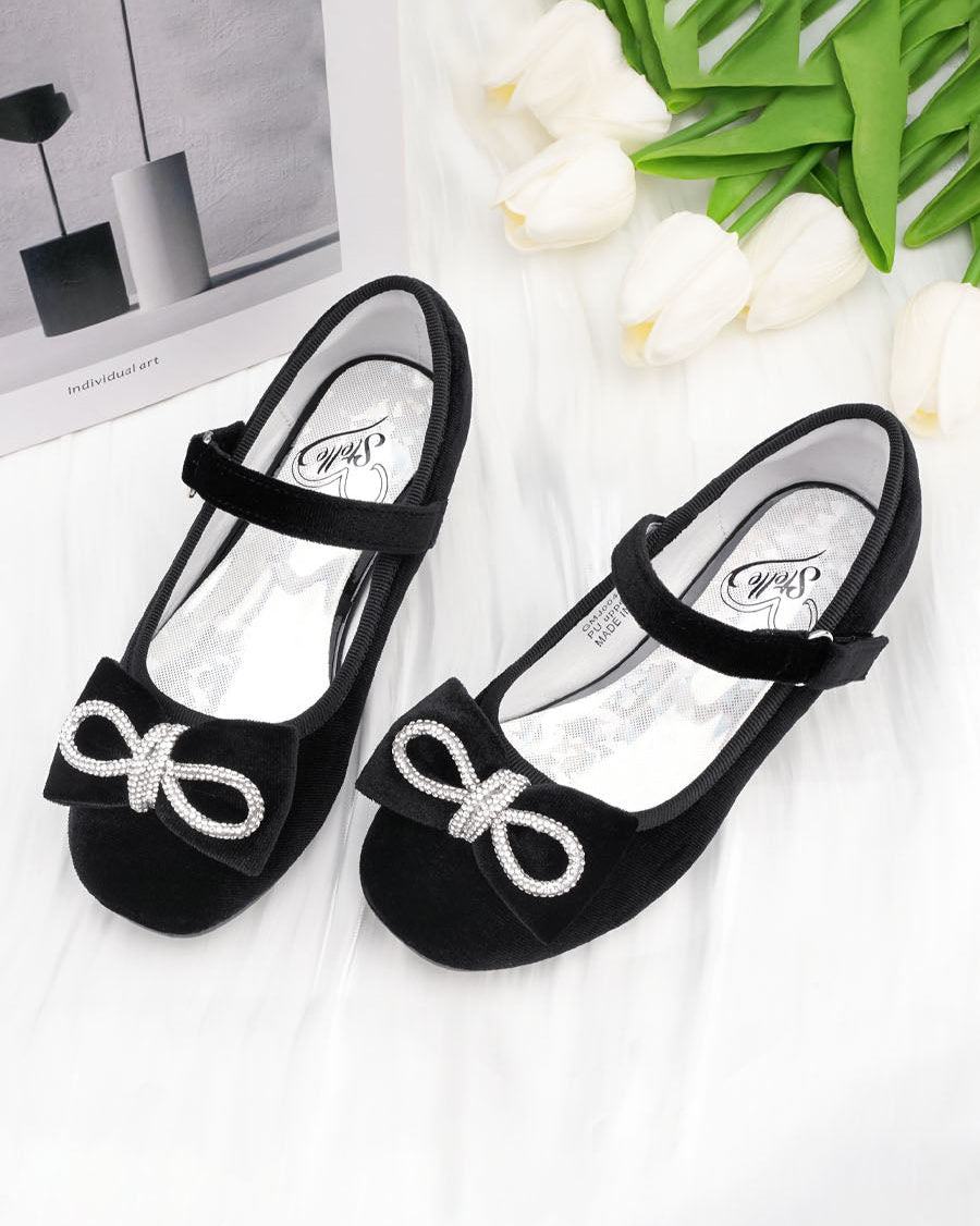 Black Girls Classic Mary Jane Shoes | Velvet Heels with Crystal Bows