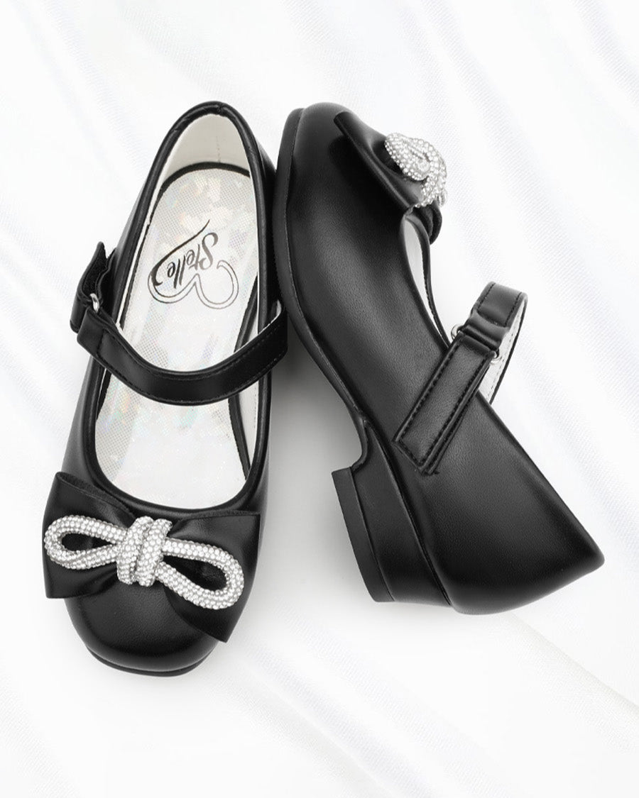激安アウトレット通販 Black Mary Janes for Girls - Ankle Strap Heels with Bow トップス