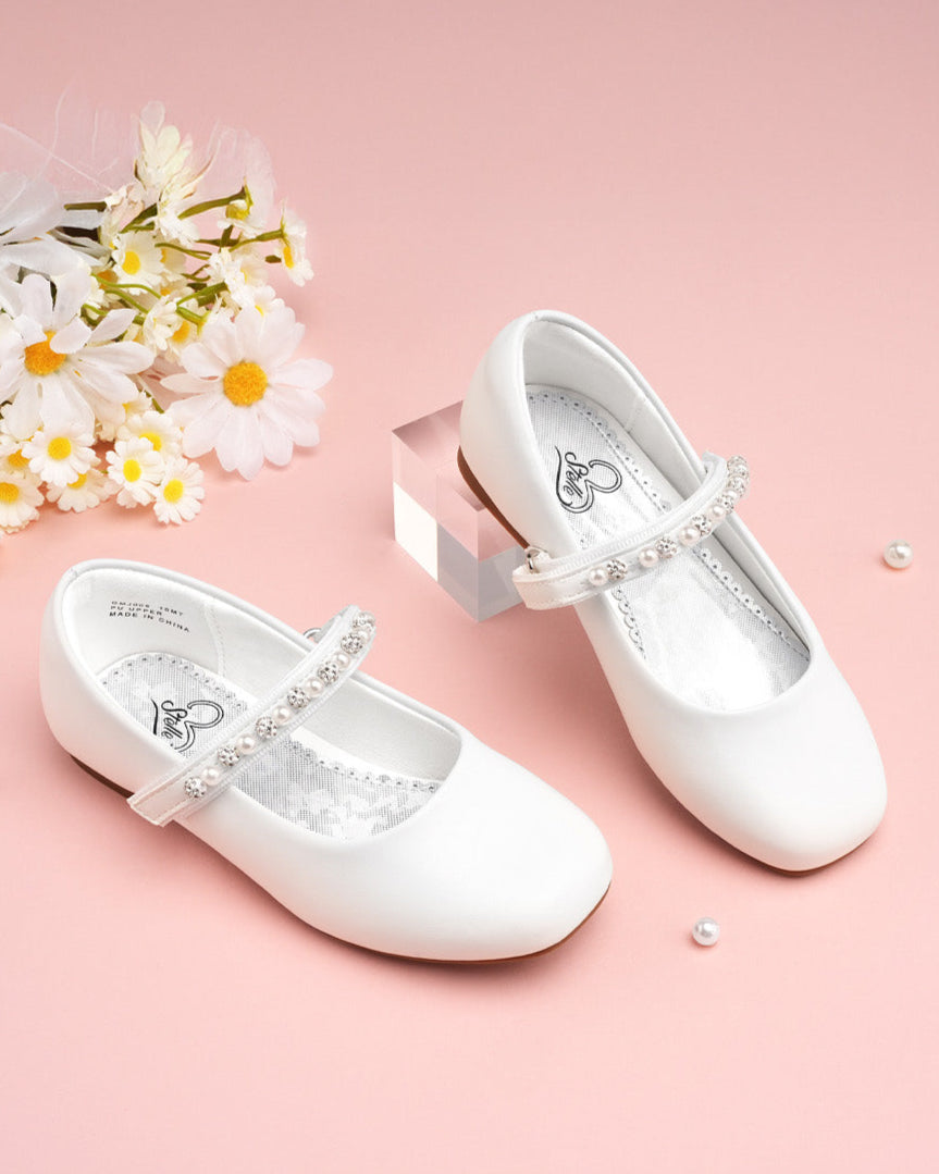 White Girls Dress Shoes | Ballet Flats with Beaded Straps