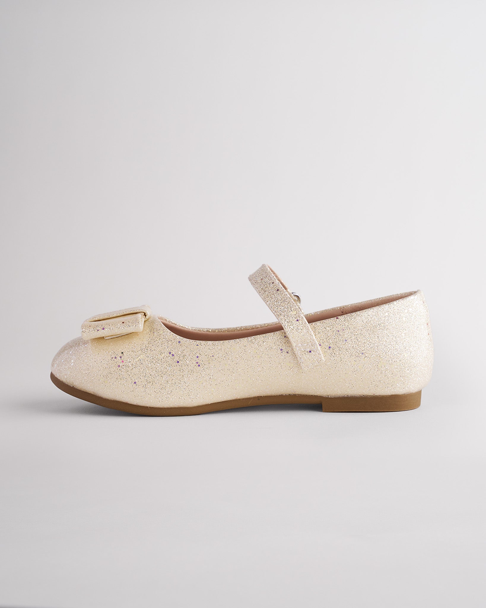 Girls Faux Leather Mary Jane Shoes with Bows in Champagne Glimmer