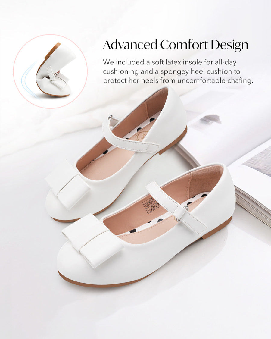 White Mary Jane Shoes for Girls - Faux Leather with Bow