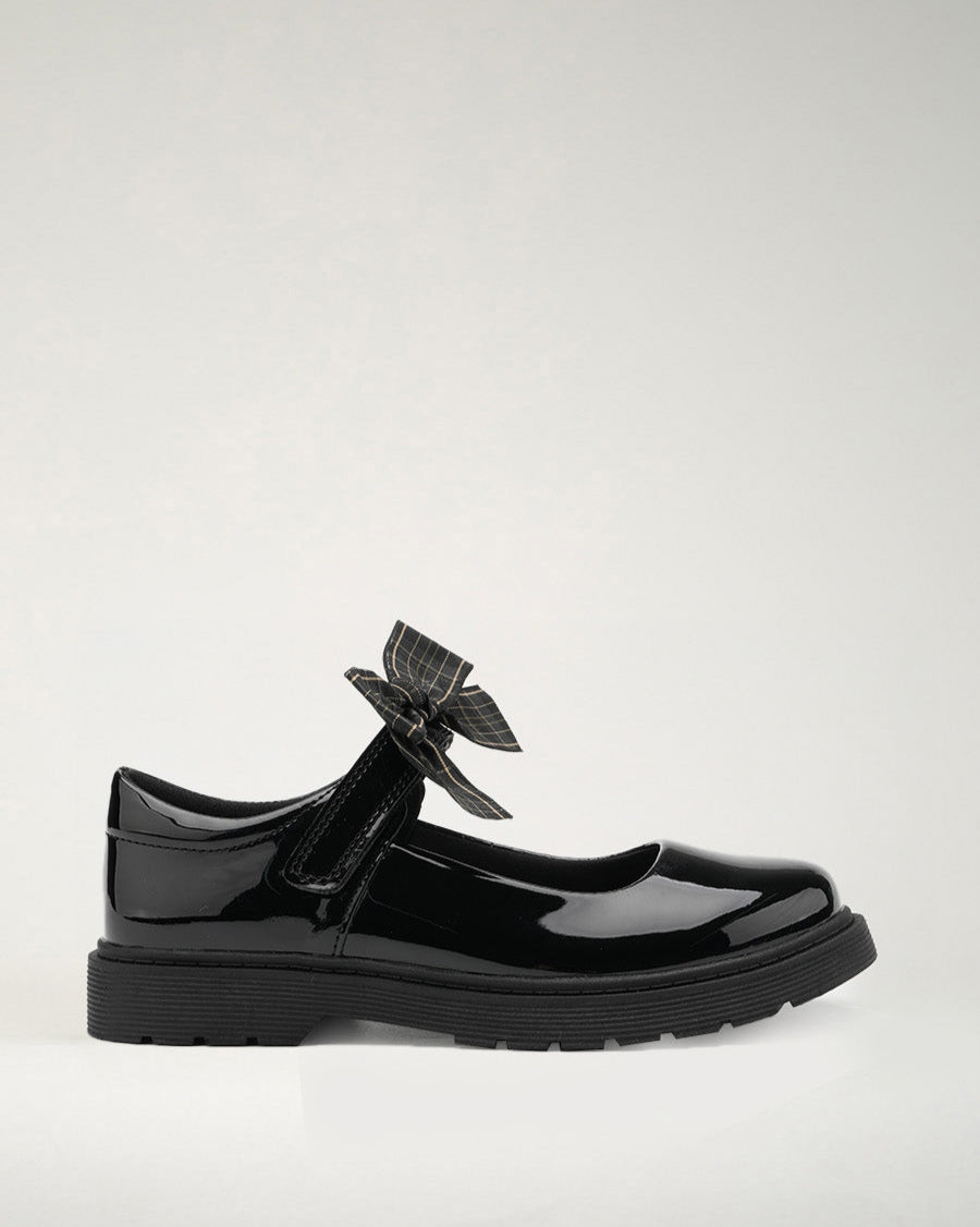 Girls Glossy Black Mary Janes with Detachable Bows - View 1