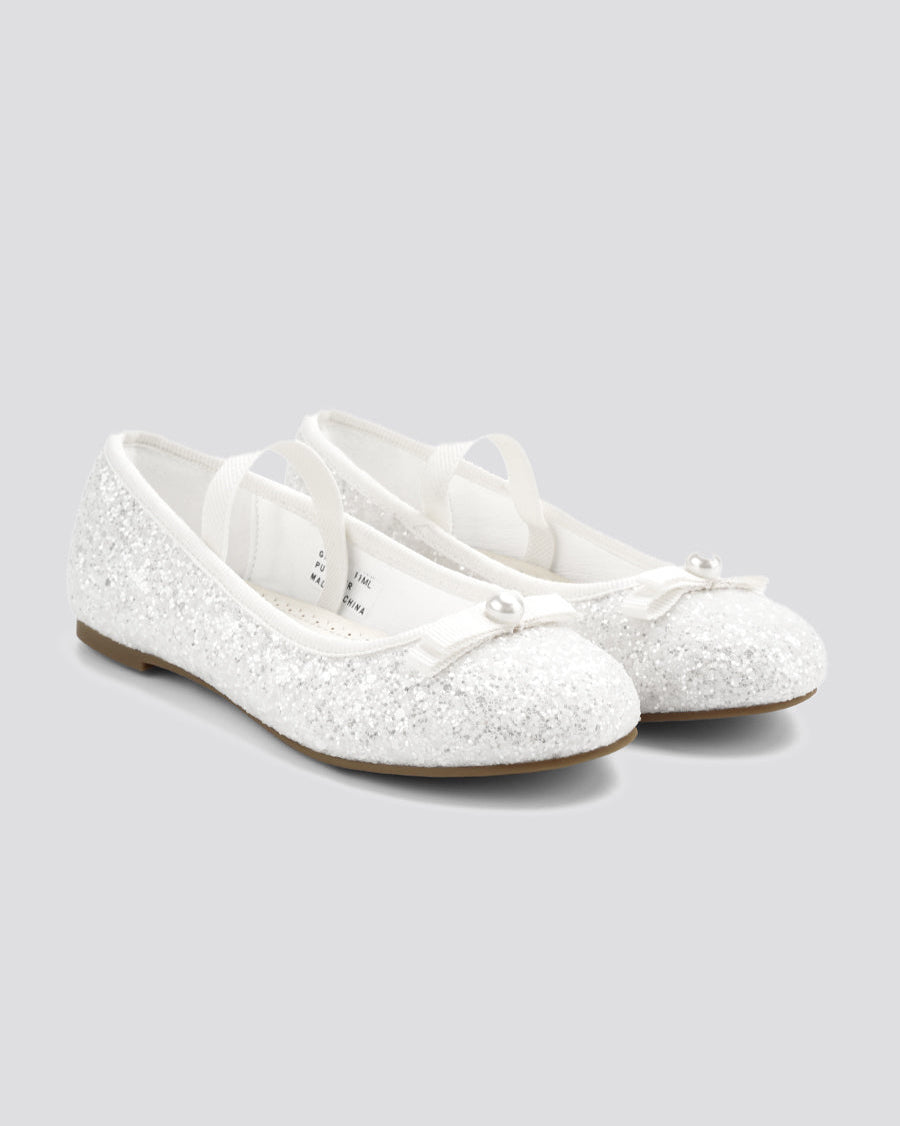 White Girls Glitter Ballet Flats with Strap