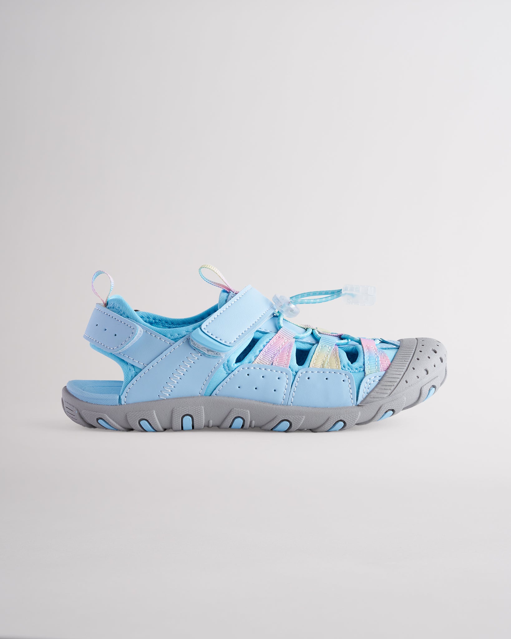 Light Blue kids sport sandal with closed-toe protection, cord lace system, and adjustable hook-and-loop strap