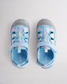 Top view of kids sandals with cord lace system and adjustable hook-and-loop straps for secure fit