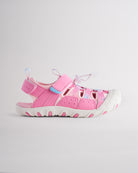 Strawberry Pop kids sport sandal with closed-toe protection, cord lace system, and adjustable hook-and-loop strap