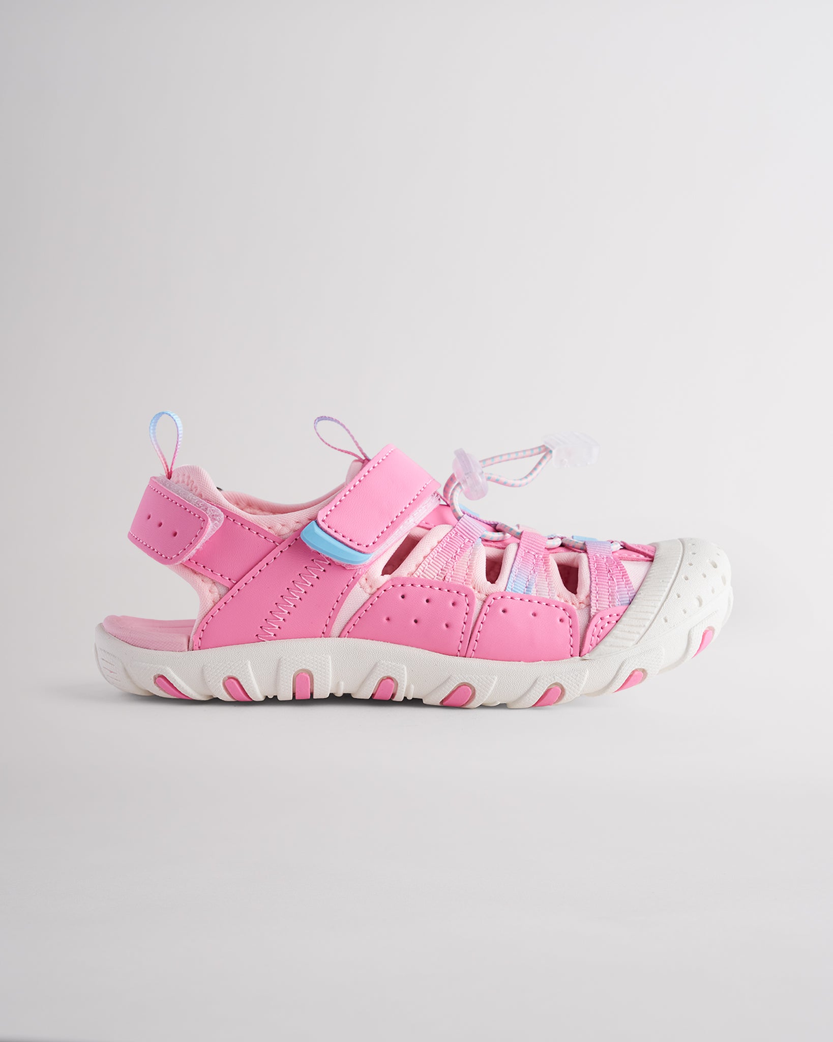 Strawberry Pop kids sport sandal with closed-toe protection, cord lace system, and adjustable hook-and-loop strap