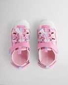Top view of kids sandals with cord lace system and adjustable hook-and-loop straps for secure fit
