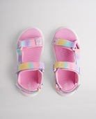 Top view of rainbow sandals for kids with three adjustable straps and textured footbed