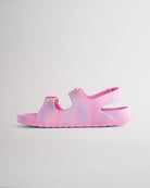 Cotton Candy Ombre sandals for kids featuring contoured footbed, flexible design, and secure back strap