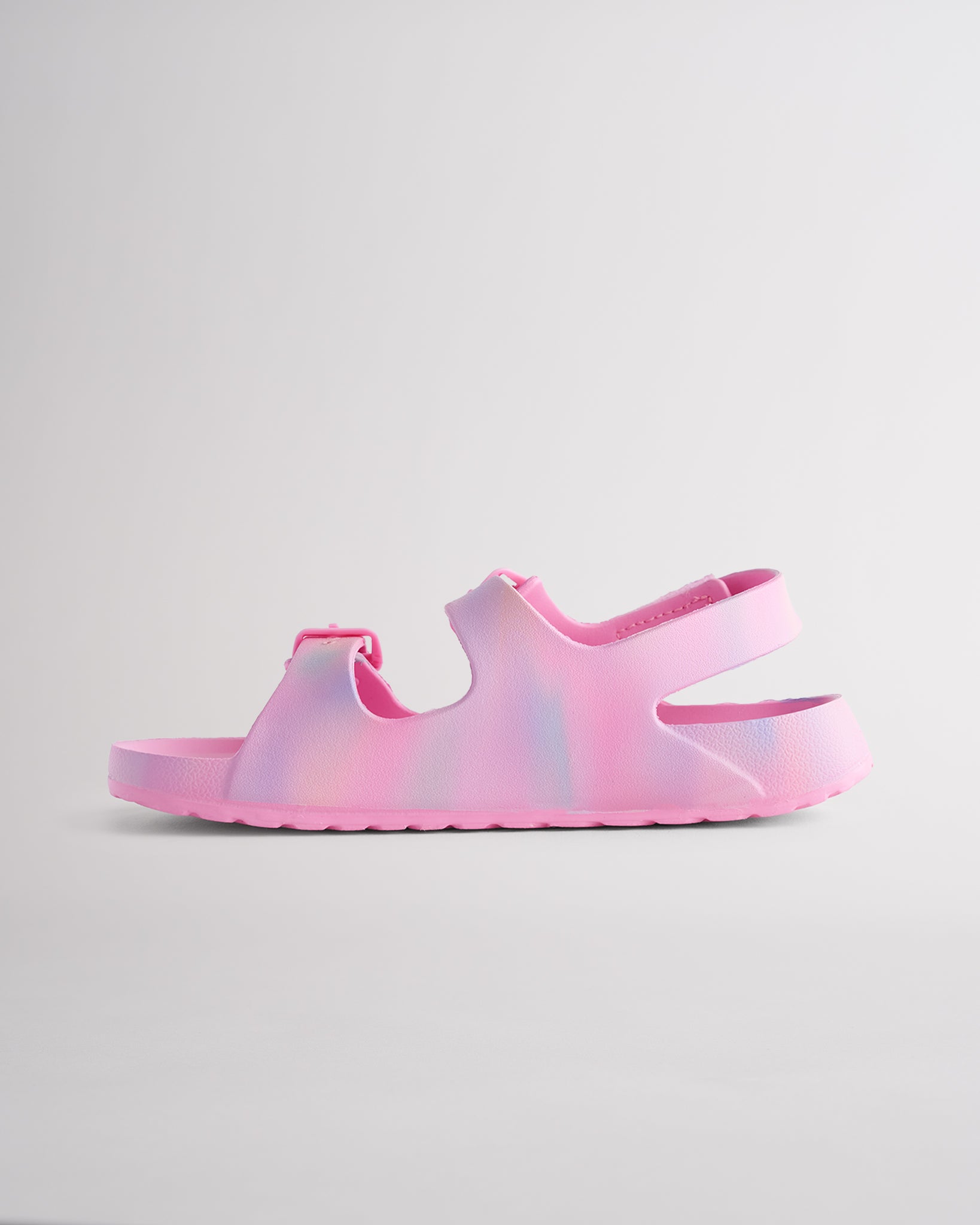 Cotton Candy Ombre sandals for kids featuring contoured footbed, flexible design, and secure back strap