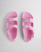 Top view of Cotton Candy Ombre kids sandals with dual adjustable buckles, contoured footbed, and soft lightweight material