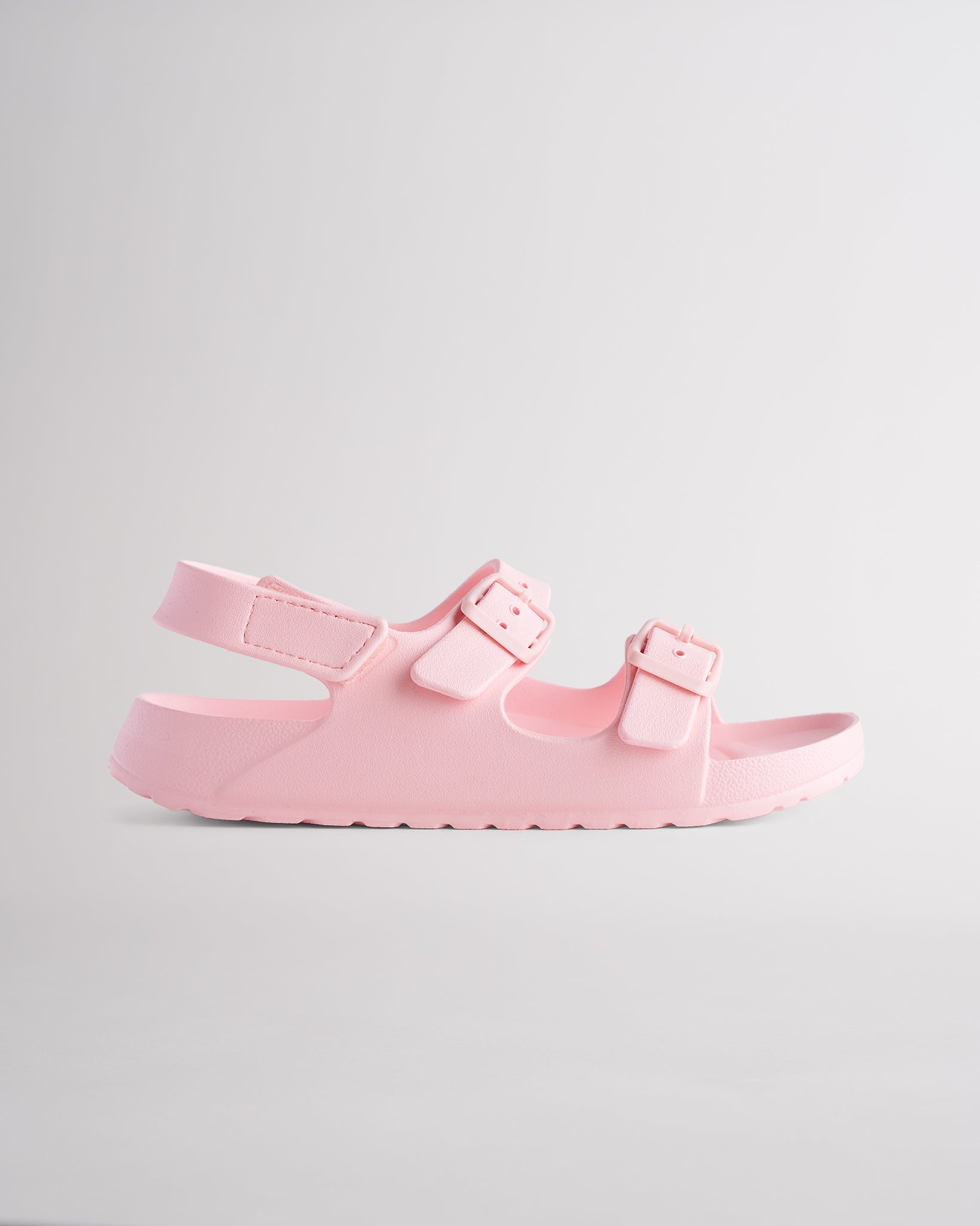 Pink kids sandals with adjustable buckles, heel strap, and lightweight EVA sole for everyday comfort