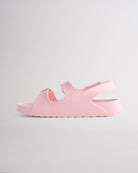 Pink sandals for kids featuring contoured footbed, flexible design, and secure back strap