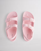 Top view of Pink kids sandals with dual adjustable buckles, contoured footbed, and soft lightweight material