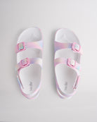 Top view of Rainbow kids sandals with dual adjustable buckles, contoured footbed, and soft lightweight material