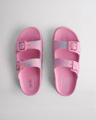 Top view of Cotton Candy Ombre Stelle Kids StelleCloud Buckled Slide with two buckle straps, contoured footbed, and Stelle logo detail.