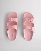 Top view of pink Stelle Kids StelleCloud Buckled Slide with two buckle straps, contoured footbed, and Stelle logo detail.