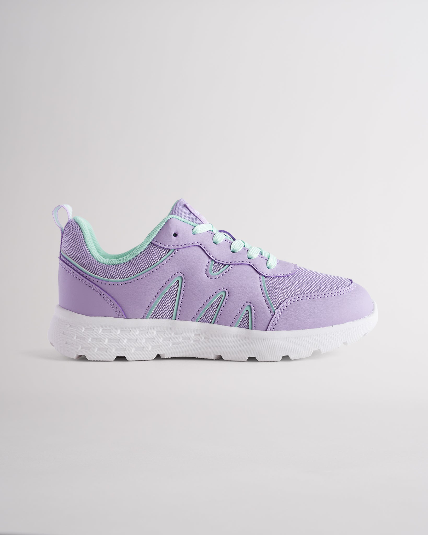 Lavender lightweight kids’ sneakers with breathable mesh uppers, a cushioned insole, and a durable outsole.