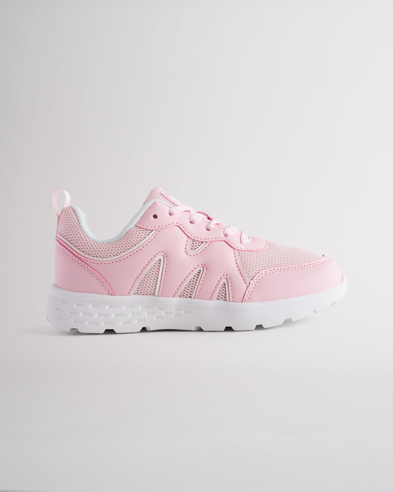 Pink lightweight kids’ sneakers with breathable mesh uppers, a cushioned insole, and a durable outsole.