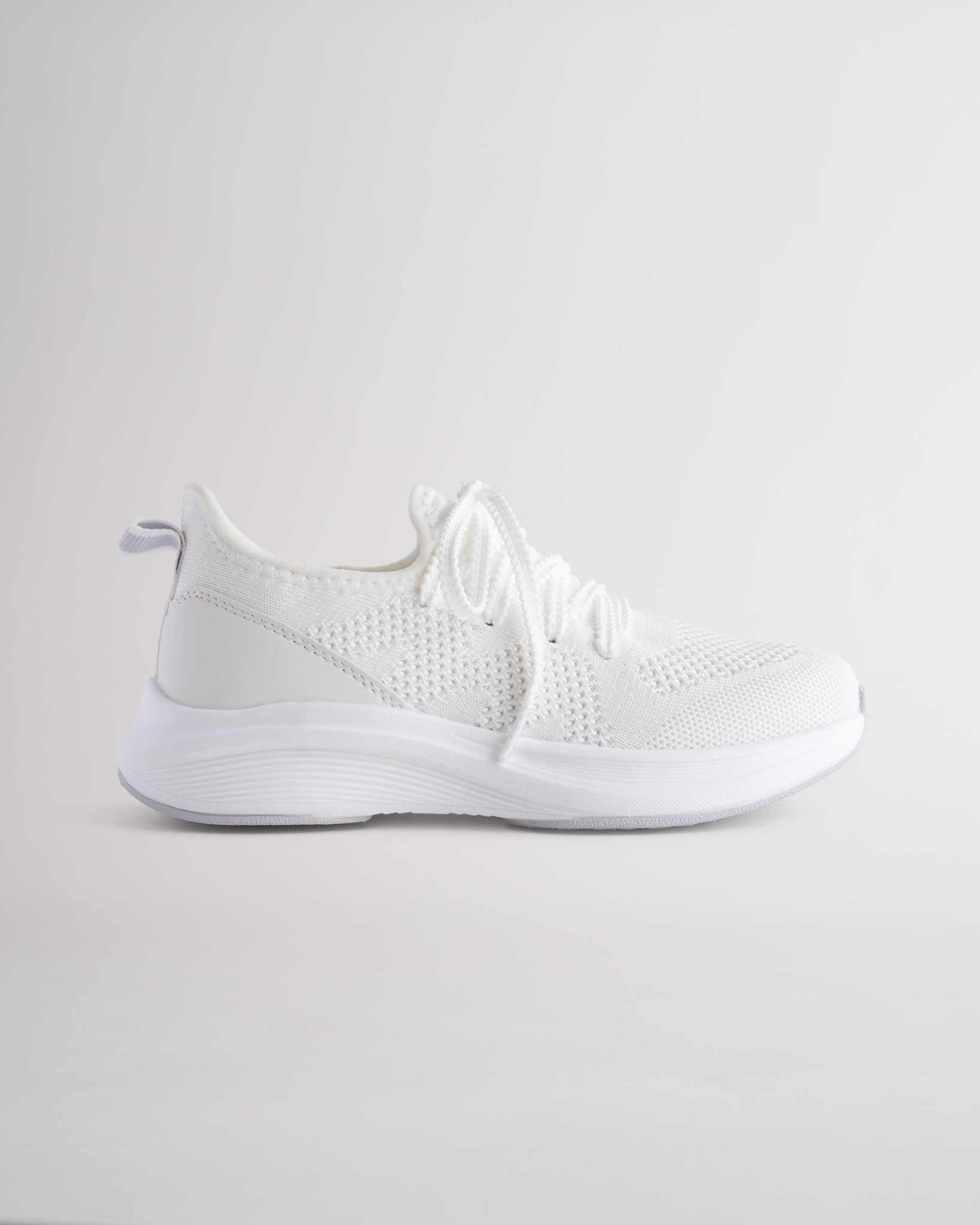 Kids White lace-up running sneakers with cushioned white sole