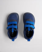 Top view of navy kids barefoot shoes showing dual straps and breathable interior